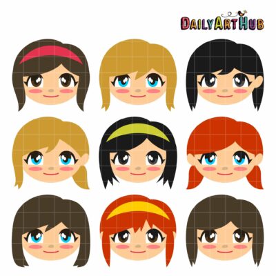 Chibi Girl Faces Clip Art Set