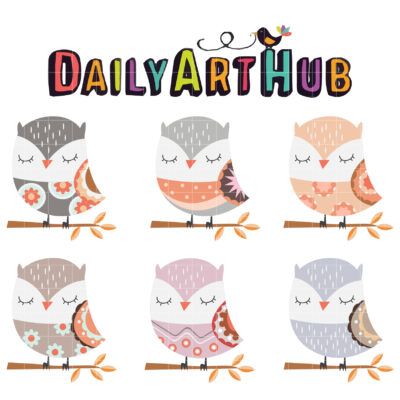 Cute Owls In The Branch Clip Art Set