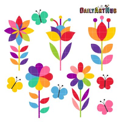 Rainbow Colored Flowers Clip Art Set