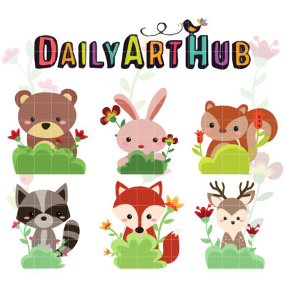 Cute Animal Forest Hiding In The Bush Clip Art Set