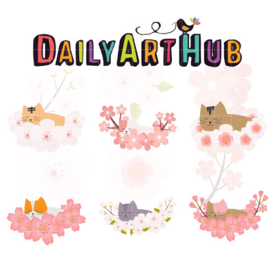 Sleeping Cat In Flowers Clip Art Set