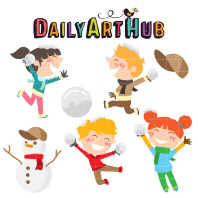 Kids Playing Snowball Clip Art Set