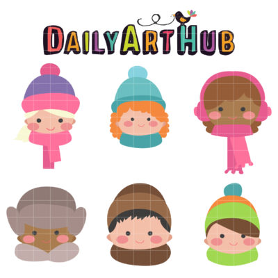 Winter Kid Heads Clip Art Set
