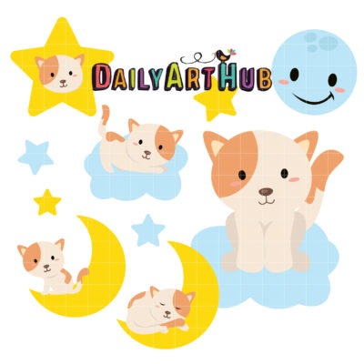 Cute Cat On the Moon Clip Art Set