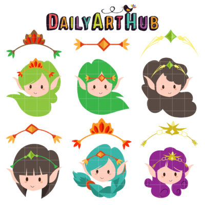 Cute Head Elves and Crowns Clip Art Set