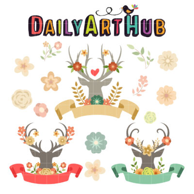 Flowers and Deers Clip Art Set