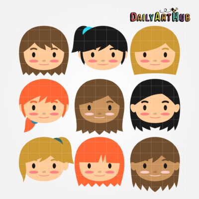 Smiley Girls Faces Clip Art Set