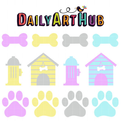 Pastel Dog Bones and Paws Clip Art Set