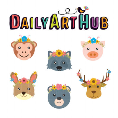 Delicate Floral Animals Head Clip Art Set