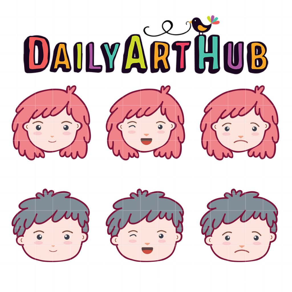 Cute Girl and Boy Expression Clip Art Set Daily Art Hub // Graphics