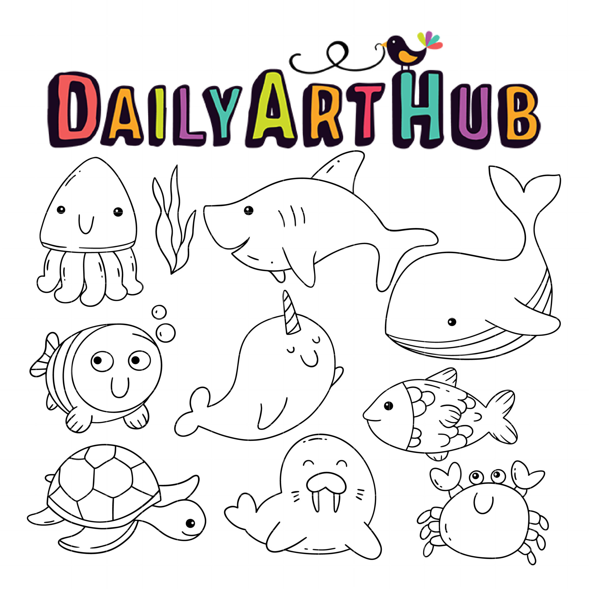 Sea Creatures Drawing Clip Art Set – Daily Art Hub // Graphics, Alphabets &  SVG