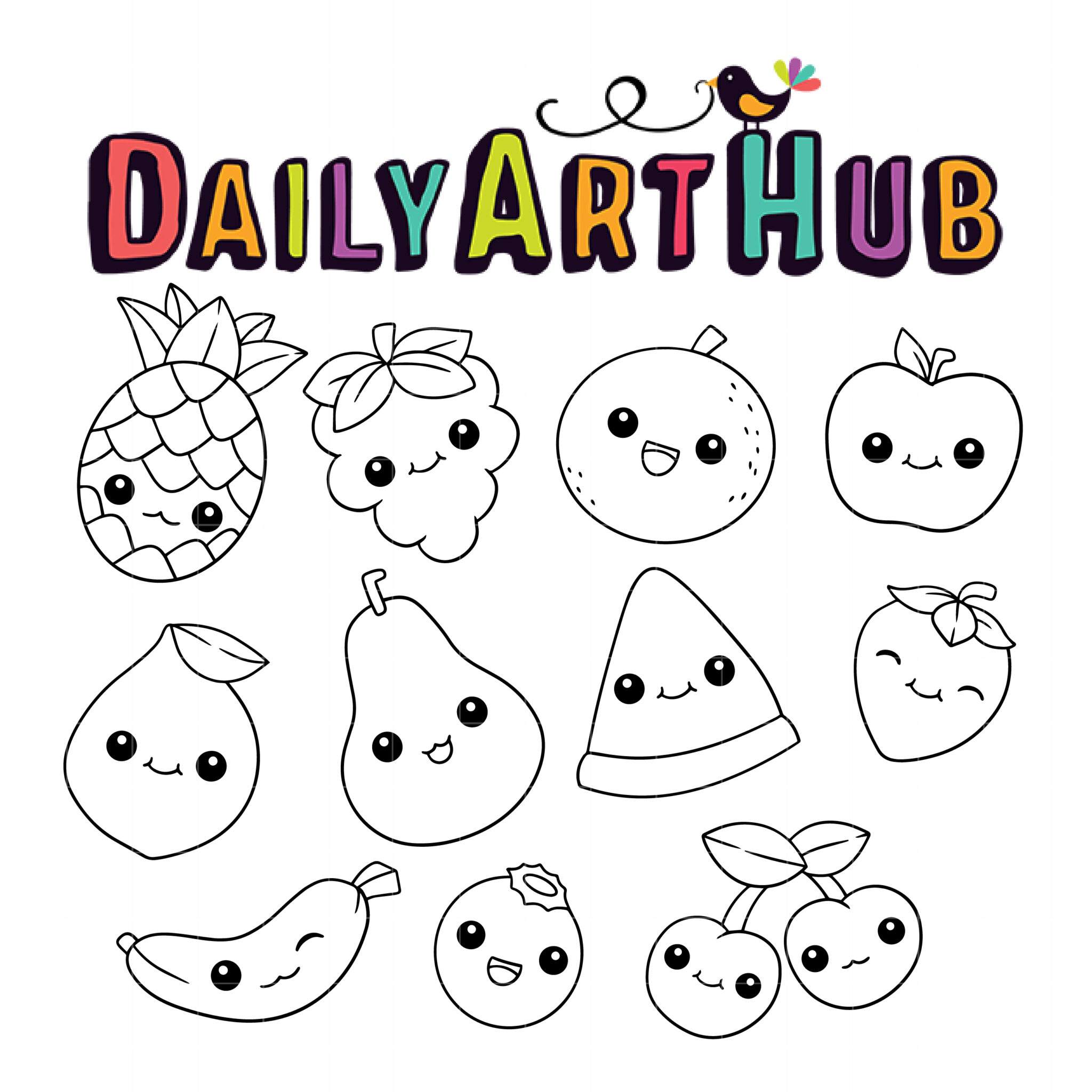 Kawaii Fruits Outline Drawing Clip Art Set – Daily Art Hub