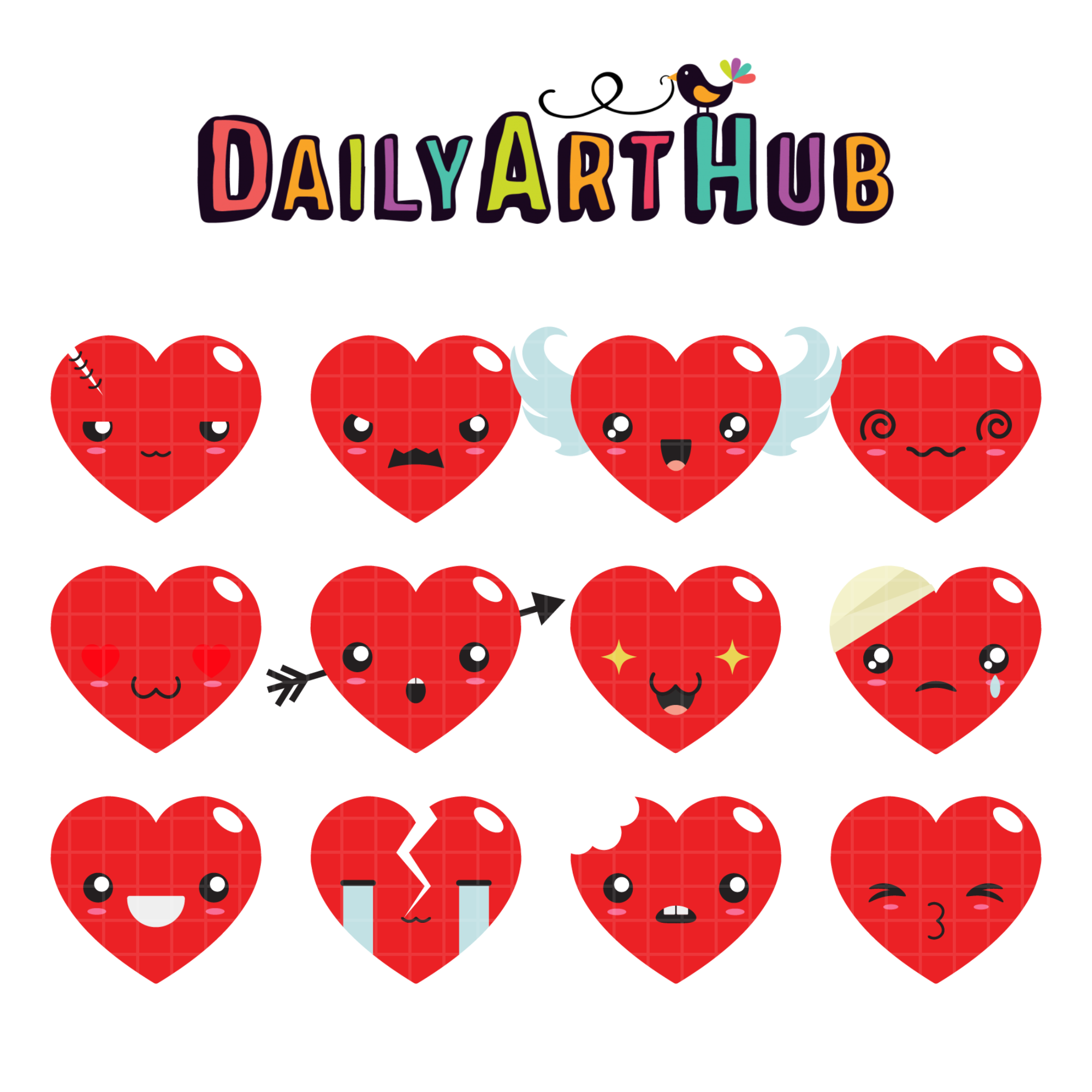 Kawaii Hearts Emoticons Clip Art Set