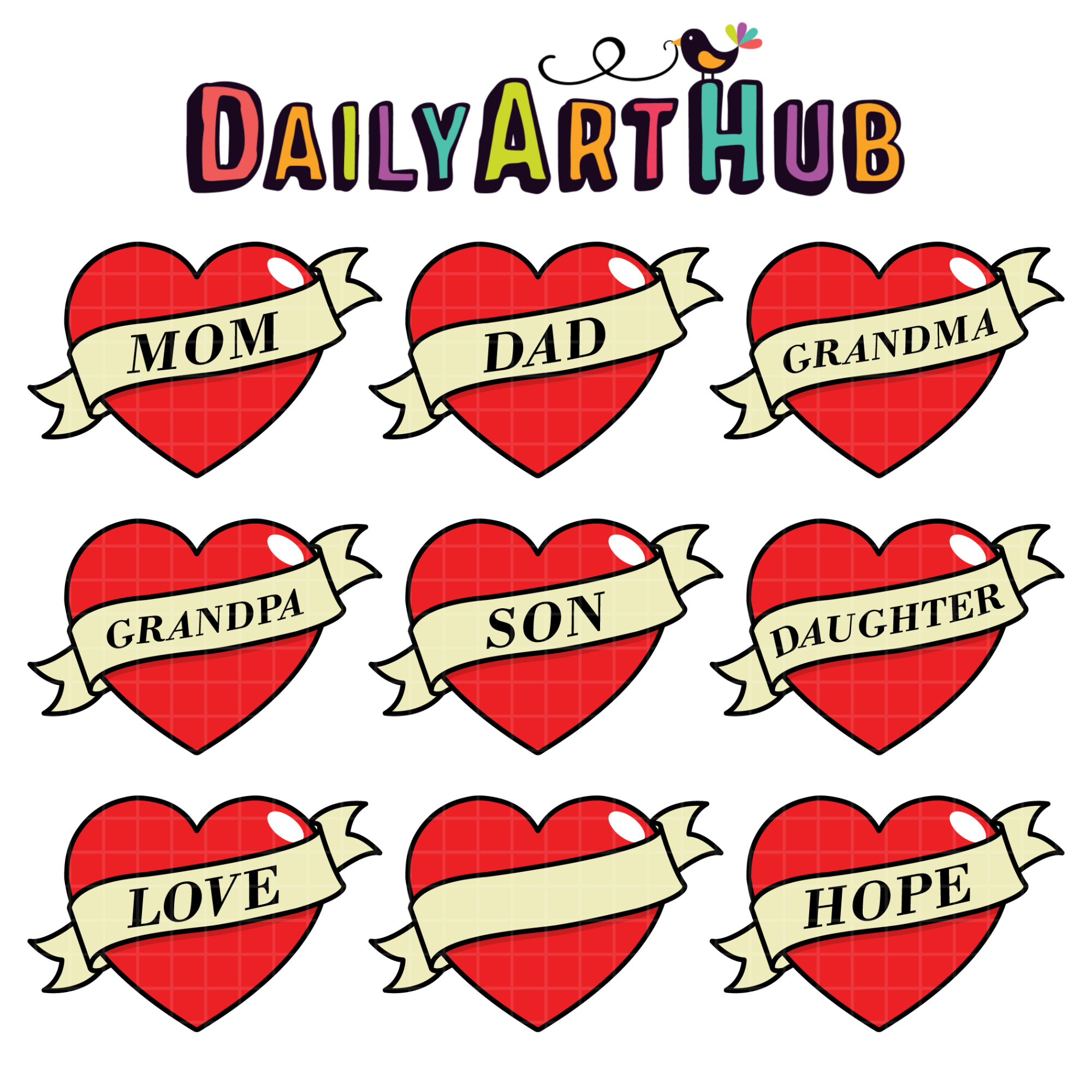 Heart Tattoo Labels Clip Art Set