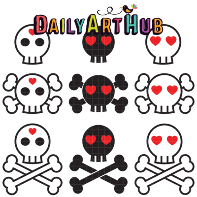 Cartoon Love Skull Clip Art Set