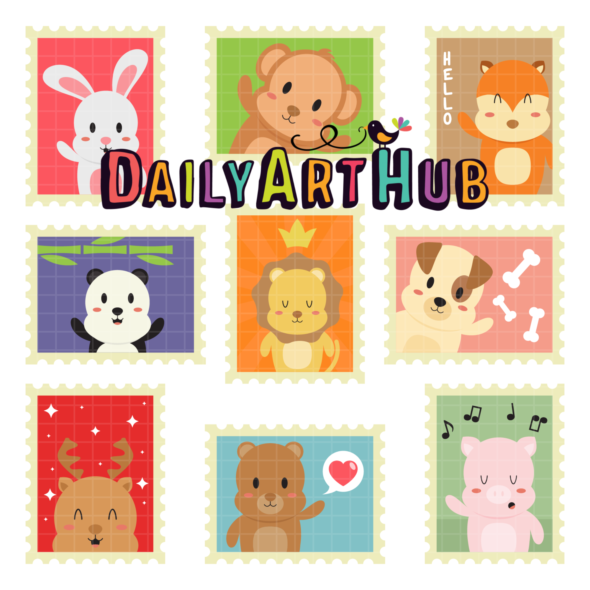 Cute Animal Stamps Clip Art Set