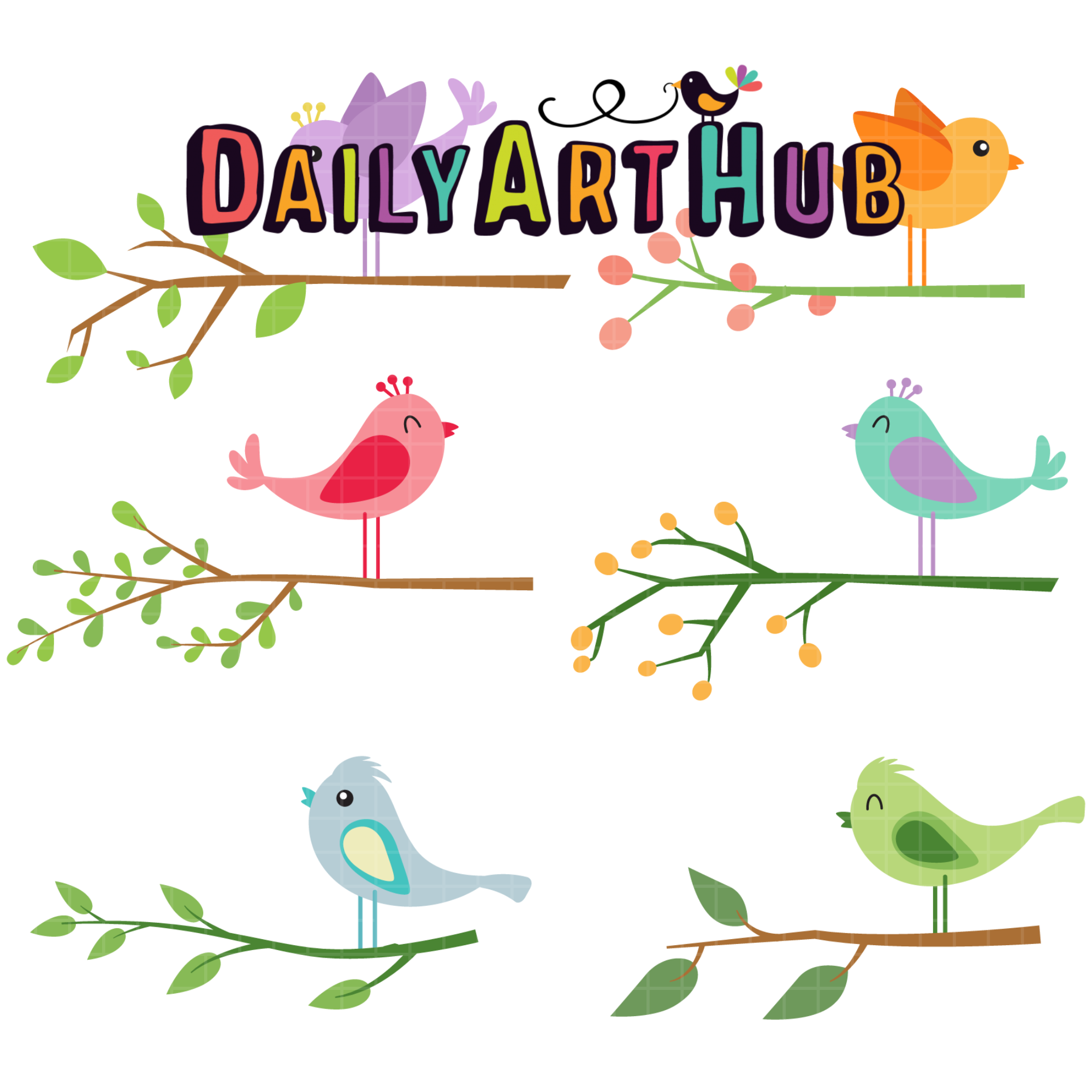 Cute Bird Branches Clip Art Set