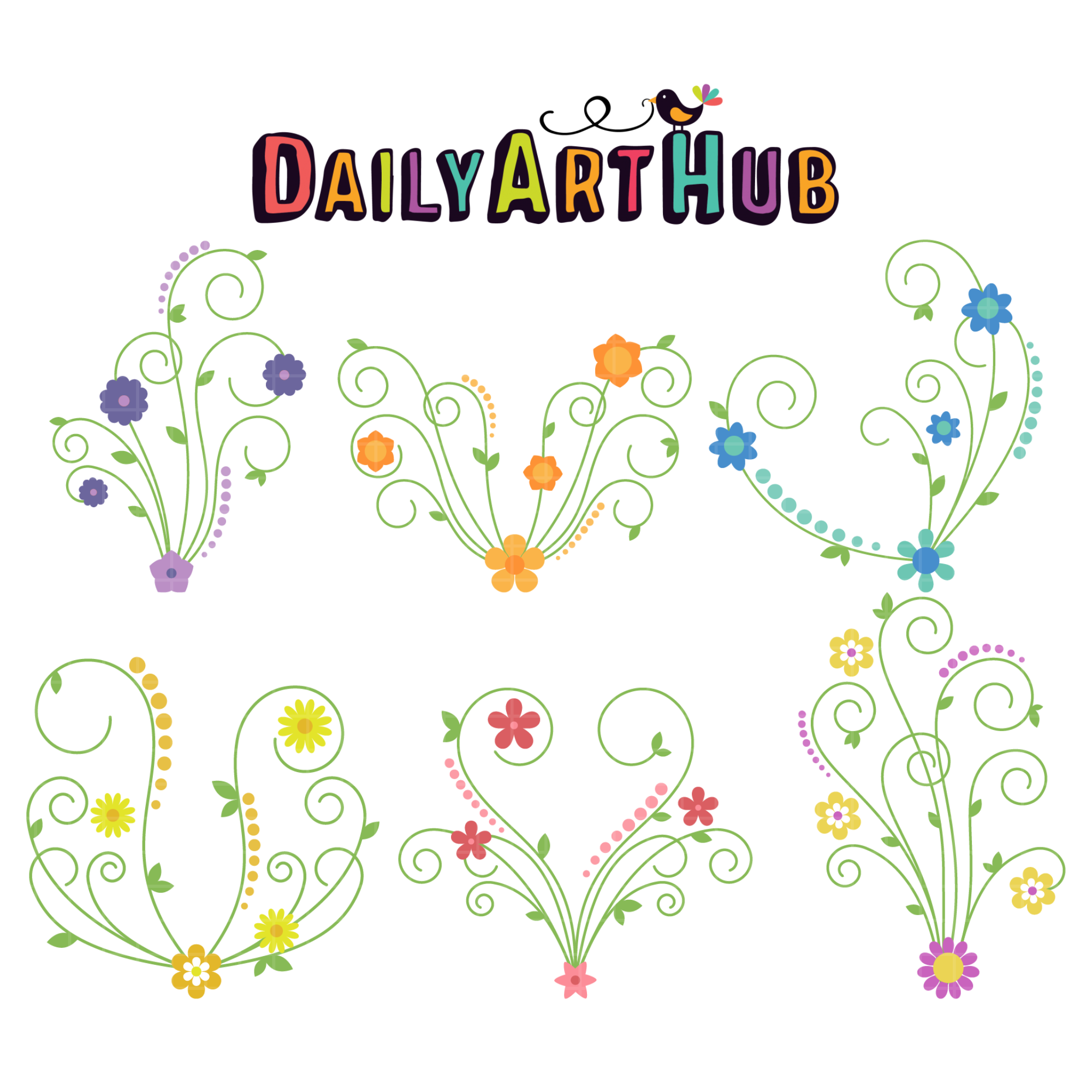 Curly Cute Flowers Clip Art Set